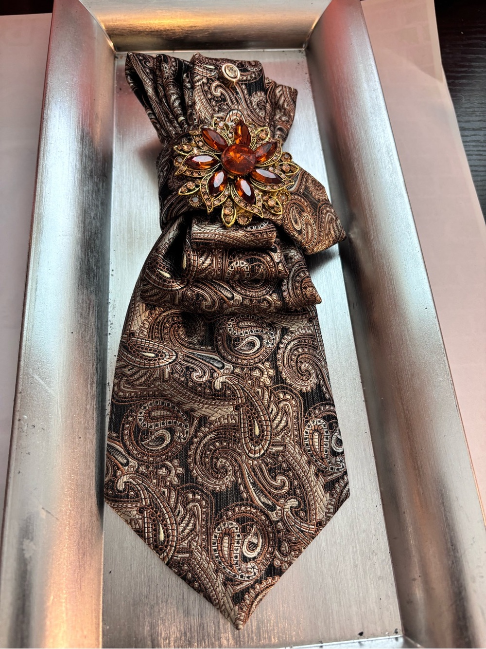 Brown Paisley women  Tie with Amber Floral Pin